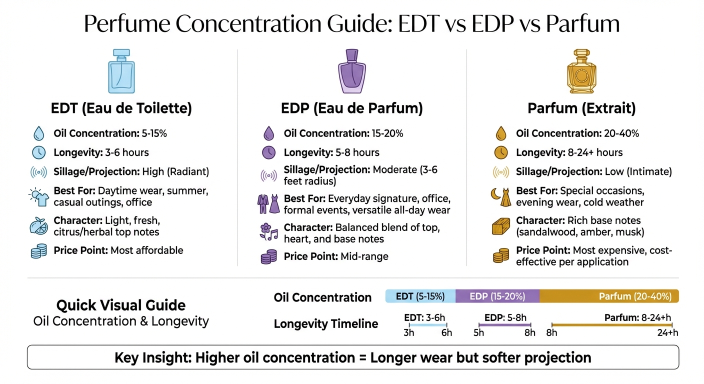EDT vs EDP vs Parfum: Oil Concentration, Longevity & Best Use Comparison