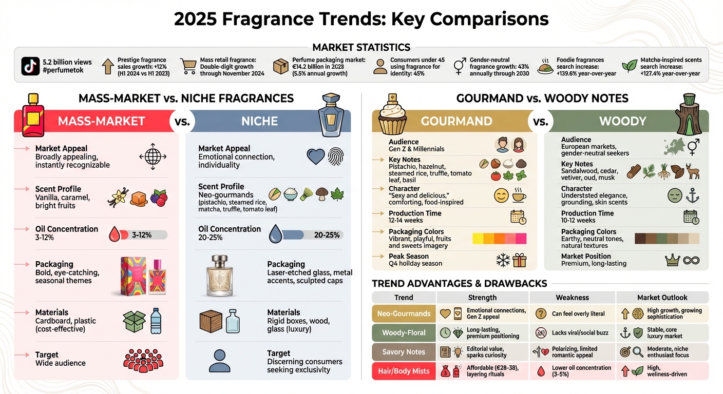 Comparación de tendencias en fragancias 2025: neo-gourmands vs. aromas amaderados y mercado masivo vs. nicho