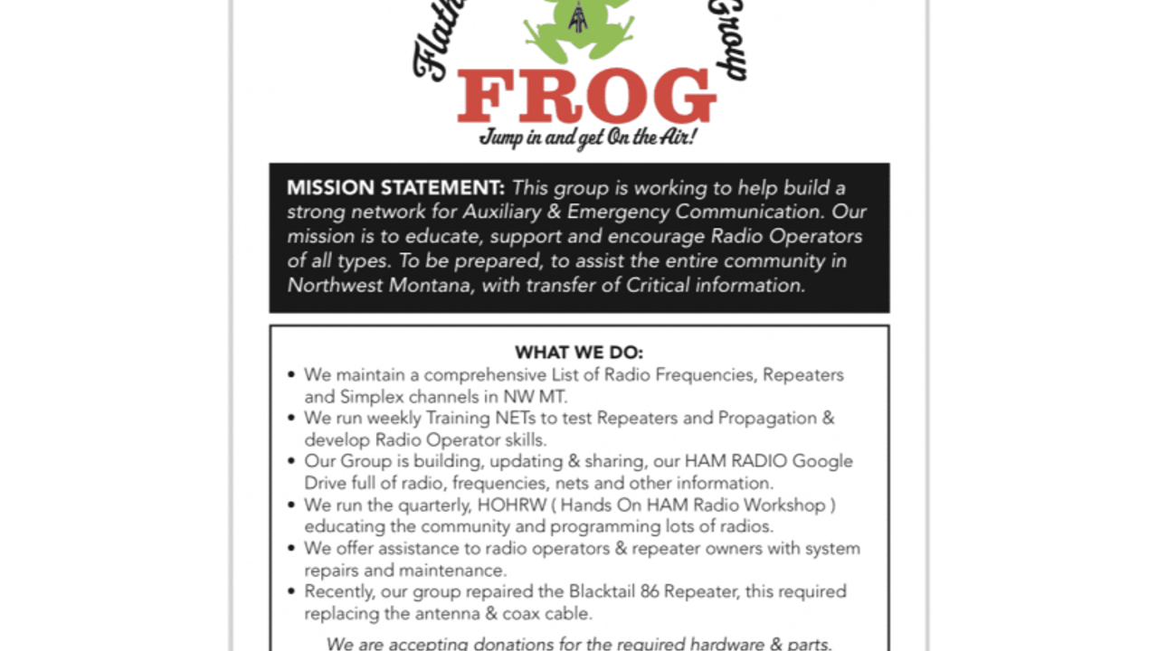 FROG, Flathead Radio Operator Group. Monthly meeting