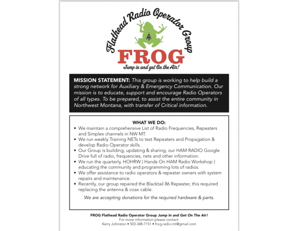 FROG, Flathead Radio Operator Group. Monthly meeting
