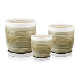 Slika 01.521. 18/22/26 Set od tri posude okruglog oblika sa podlogom - smeđa/maslinasta/bijela