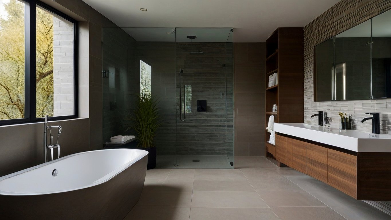Gray Tile Rigt Oak Bathroom