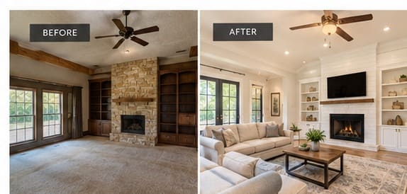 Conceptual before-and-after comparison showing a living room renovation