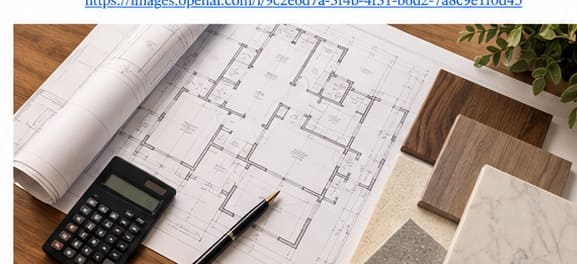 Floor plans, calculator and material samples for planning a home renovation
