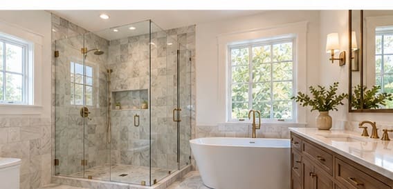 Renovated bathroom with walk-in shower, freestanding tub and stone finishes