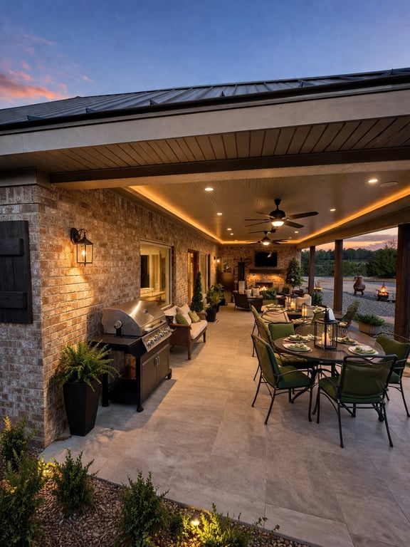 Outdoor living space with covered patio by Bradley Brown Inc.
