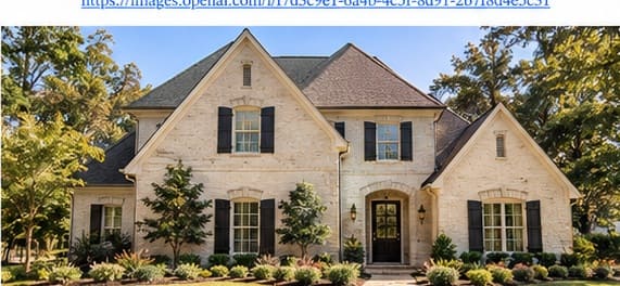 Traditional upscale brick home exterior with landscaped front yard