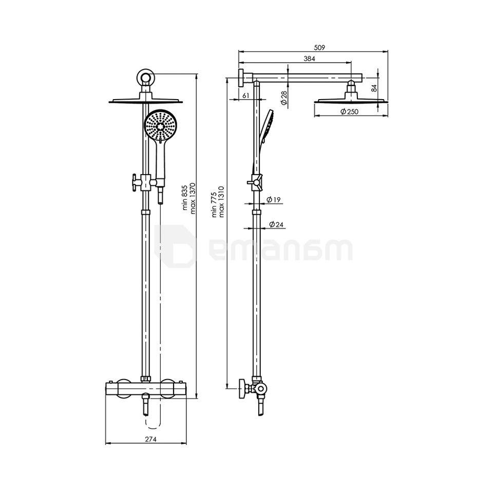 საშხაპე სიტემა Rubineta Etna Thermo-15 ქრომი თერმოსტატით 625028