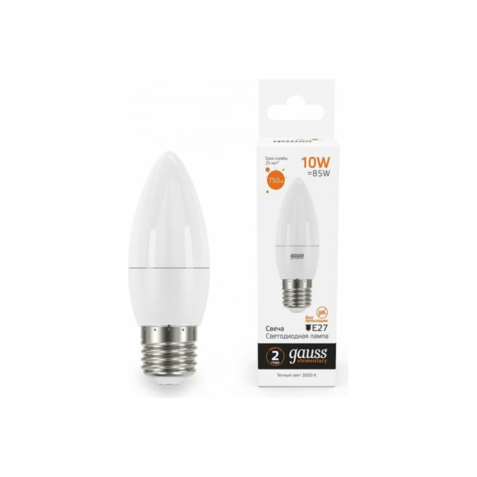ნათურა 10W 750lm 3000K E27 LED 1/10  Gauss Elementary Candle