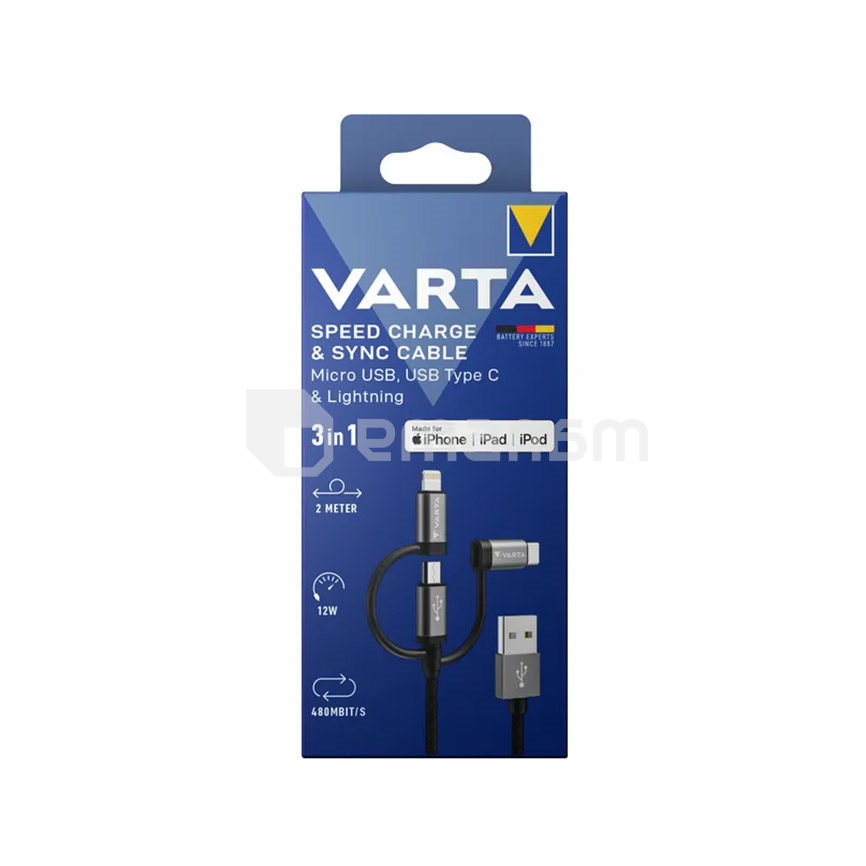 სადენი VARTA 3 in 1 USB Type A  TYPE C LIGHTNING Micro USB