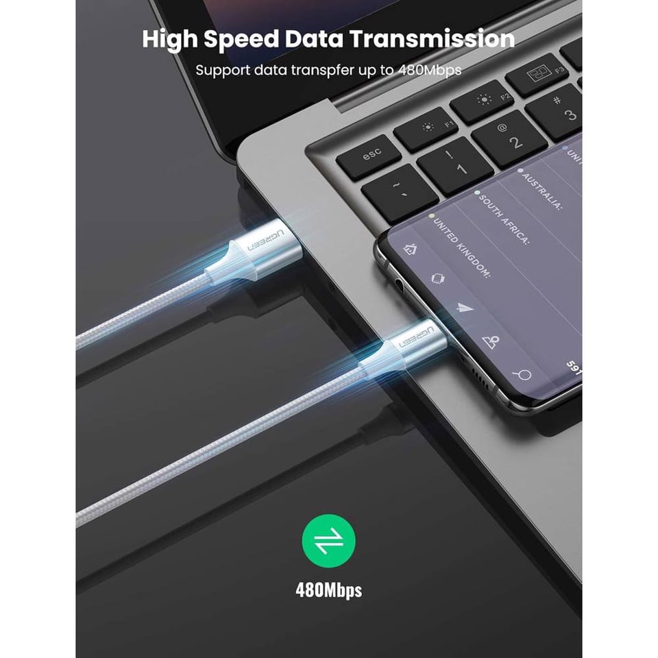 USB კაბელი UGREEN US288 (60133), USB-A 2.0 to Type-C Cable Nickel Plating Aluminum Braid, 2m, White