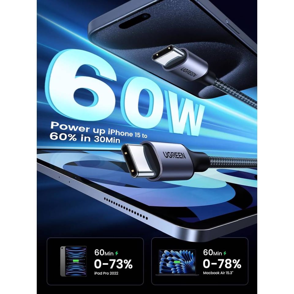 USB კაბელი UGREEN US261 (50150), 60W, Type-C To Type-C PD Fast Charging Cable 3A Max, 1M, Grey