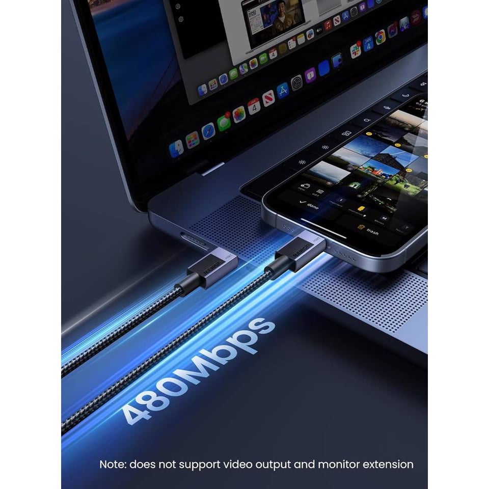 USB კაბელი UGREEN L513 (45068), 240W, Type-C to Type-C PD Fast Charging Cable, 2m, Space Gray