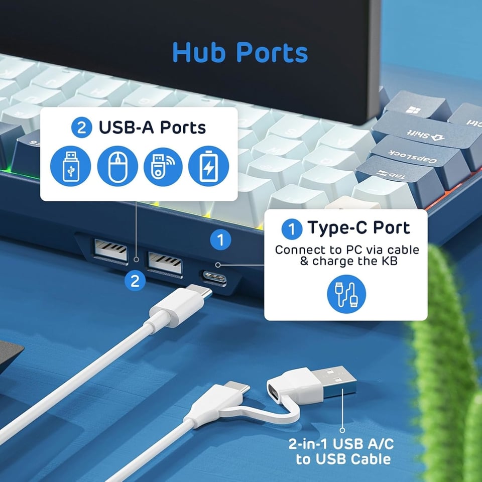 კლავიატურა Royal Kludge RK96 Mechanical Keyboard, Red switch, Hot Swappable, Wireless, USB Type-C, 2.4 GHz, Bluetooth, Forest Blue