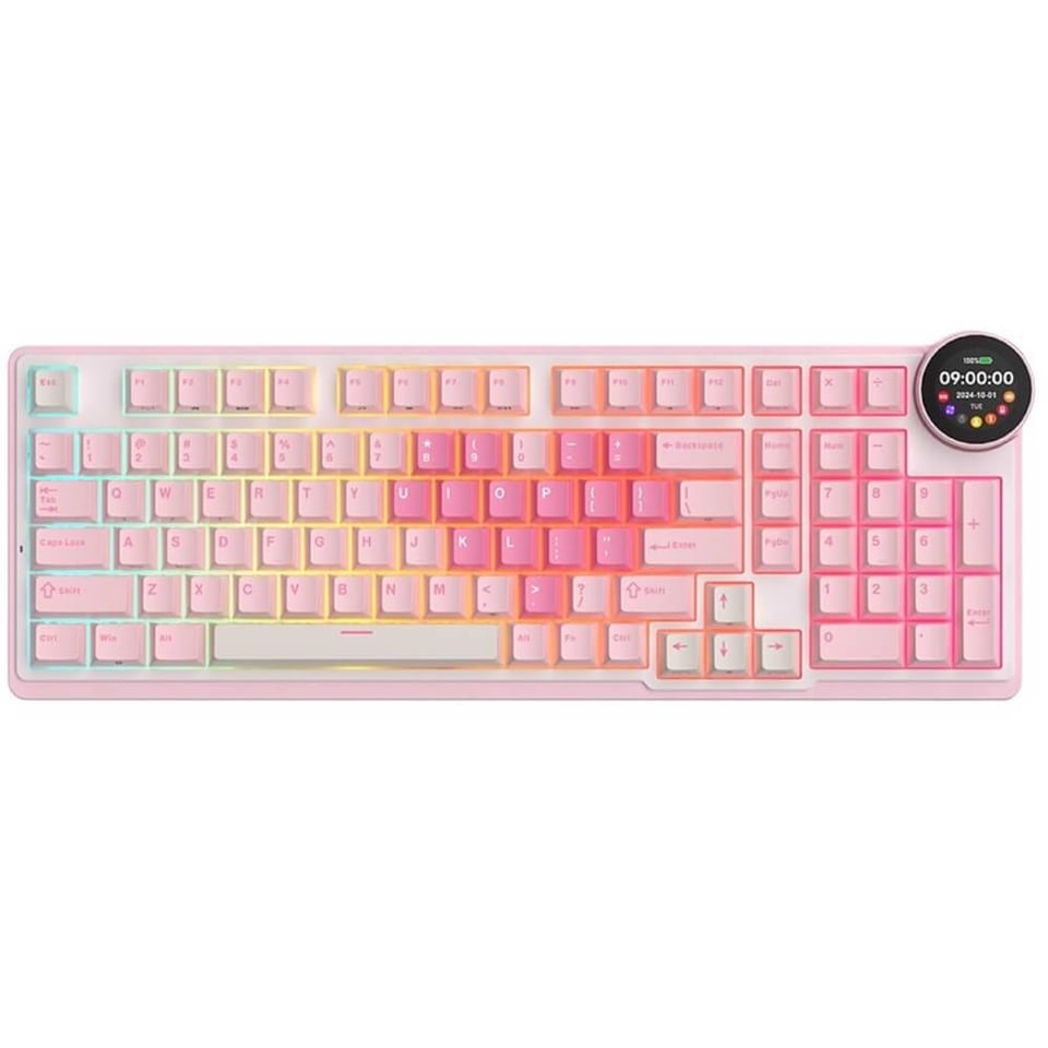 კლავიატურა Royal Kludge RKN99-PM-XH RGB Mechanical Keyboard, Cream Switch, Hot Swappable, Wireless, Type-C, Bluetooth, 2.4GHz, Pink Melody