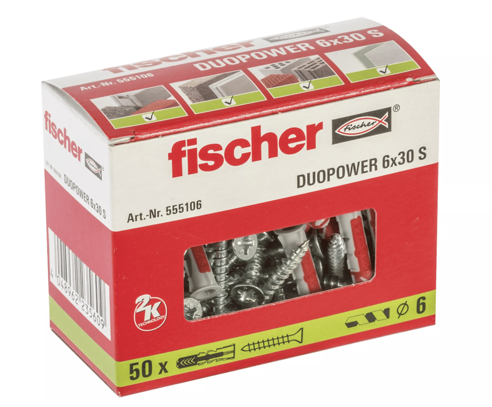 დუბელი DUOPOWER 6x30 S ჭანჭიკით (50 ცალი)