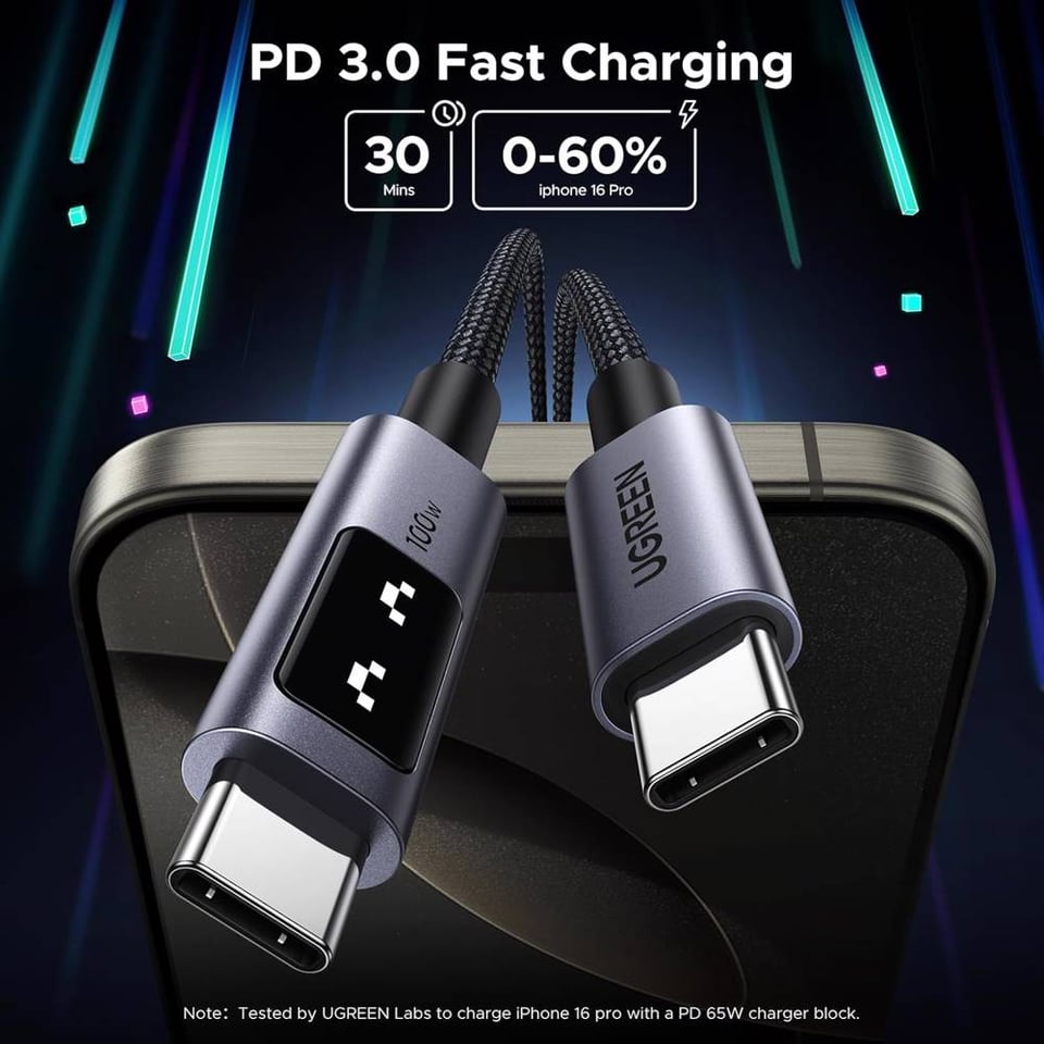 USB კაბელი UGREEN Uno L509 (35512), 100W, Type-C to Type-C, 2M, Black/Grey