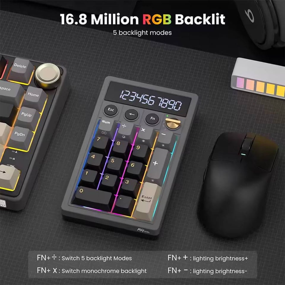 კლავიატურა Royal Kludge RKM20-PT-YXZ RGB Mechanical Numpad, Violet Switch, Hot Swappable, Wireless, Type-C, Bluetooth, 2.4GHz, Phantom
