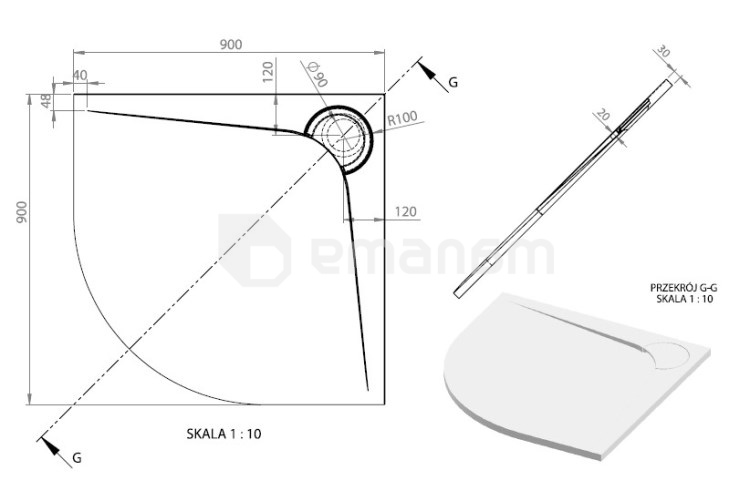 საშხაპე ძირი ხელოვნური ქვის VAYER BUMERANG 90X90 სმ