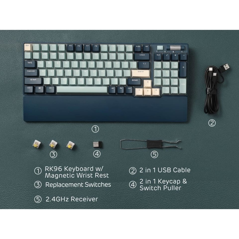 კლავიატურა Royal Kludge RK96 Mechanical Keyboard, Red switch, Hot Swappable, Wireless, USB Type-C, 2.4 GHz, Bluetooth, Forest Blue