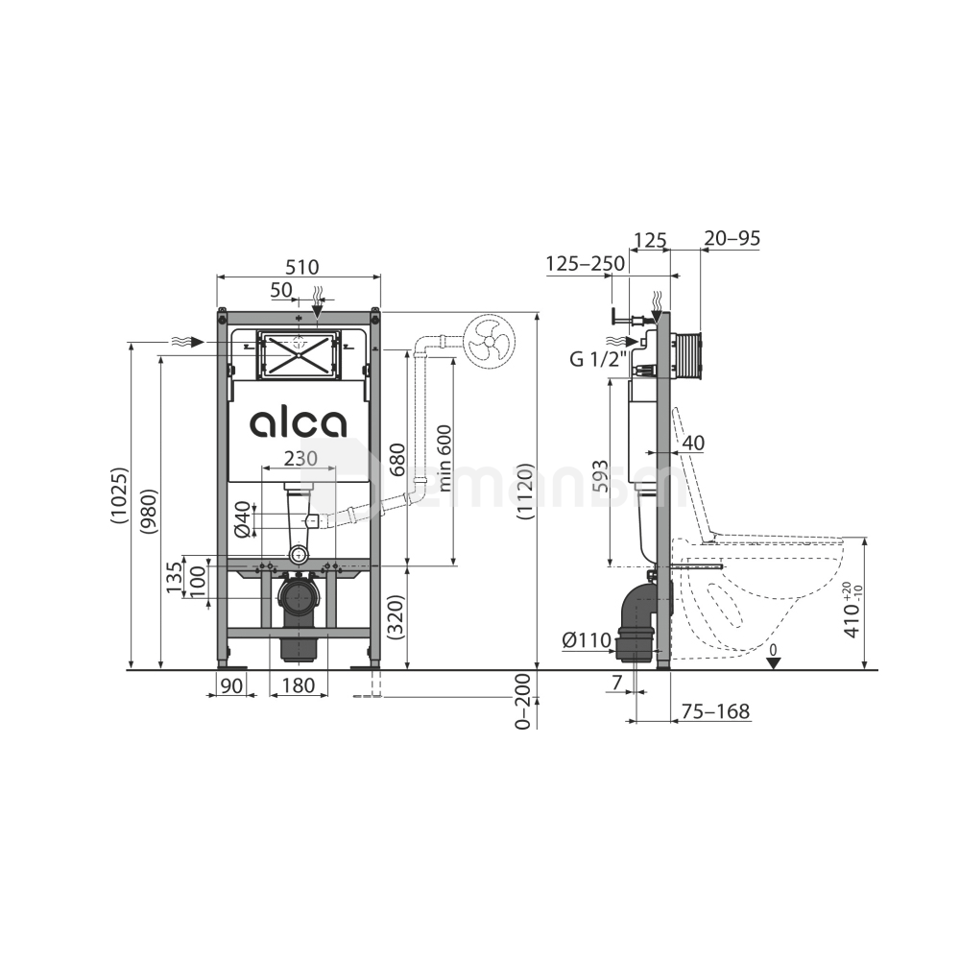 საინსტალაციო სისტემა უნიტაზისთვის Alcadrain AM101/1120 + ღილაკი M678