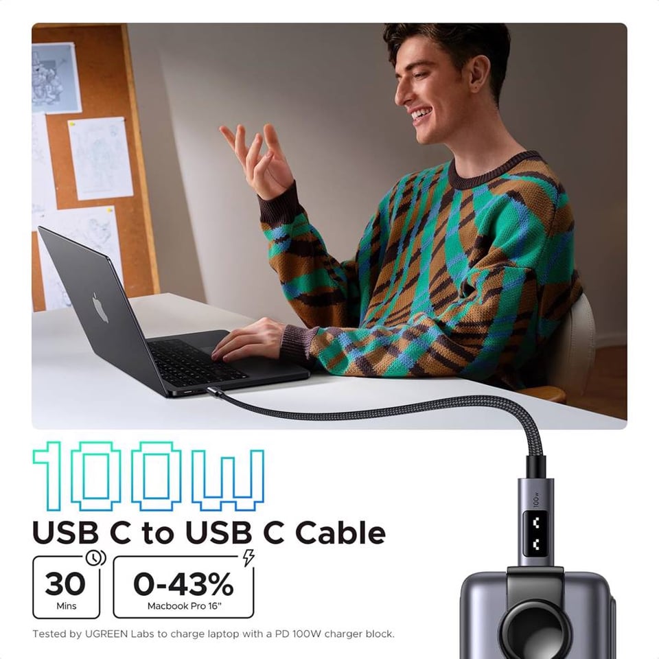 USB კაბელი UGREEN Uno L509 (35501), 100W, Type-C to Type-C, 1M, Black/Grey 