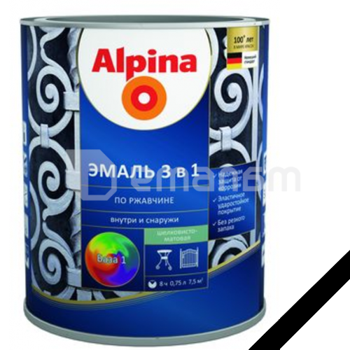 გრუნტი-ემალი ჟანგ. 3-1-ში, ფერი:Alpina შავი RAL 9005 0,75L