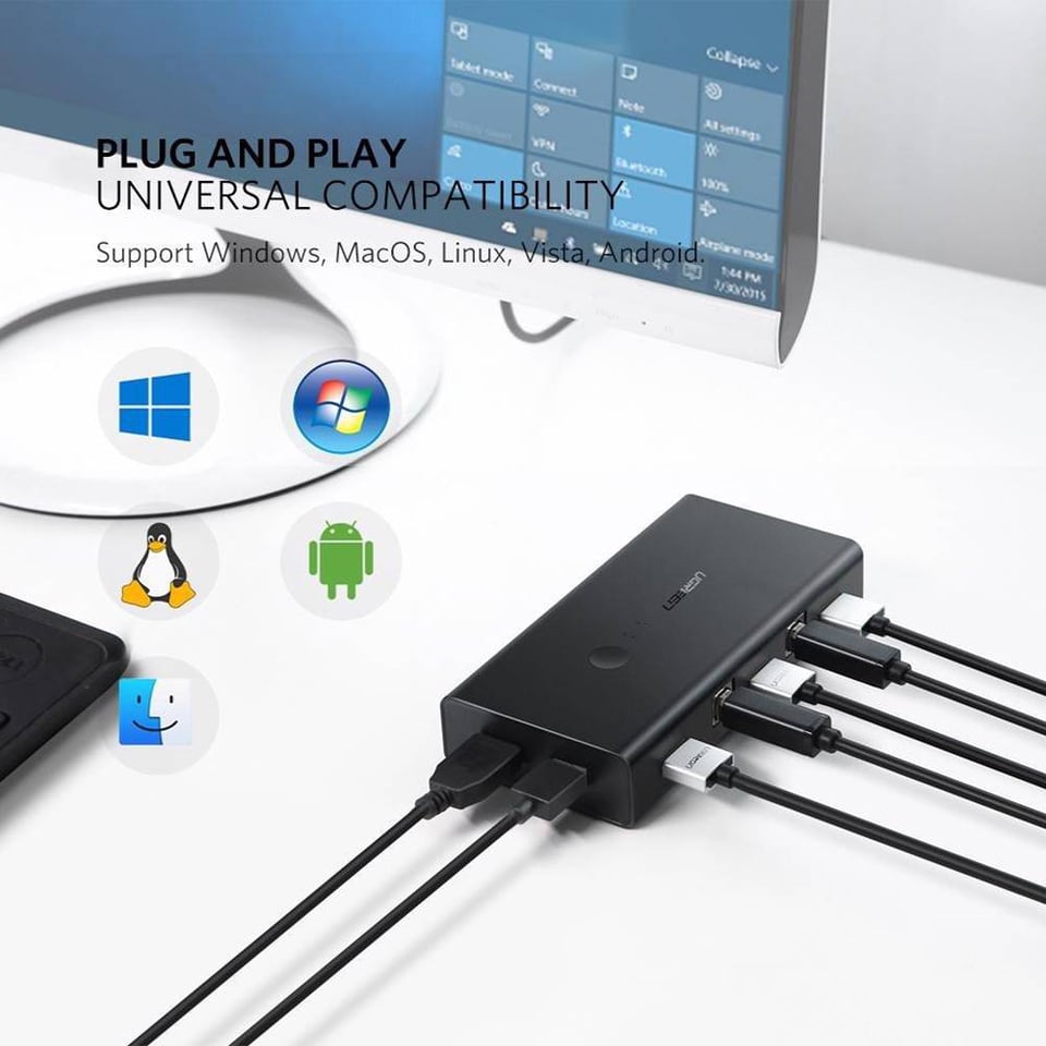 KVM სვიჩი UGREEN CM200 (50744), HDMI 2 IN 1 KVM Switcher, 4K*2K@30HZ, Black 
