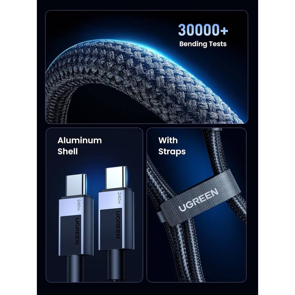 USB კაბელი UGREEN L513 (45068), 240W, Type-C to Type-C PD Fast Charging Cable, 2m, Space Gray