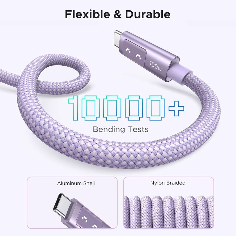USB კაბელი UGREEN Uno L509 (65216), 100W, Type-C to Type-C Fast Charging Cable, 2M, Purple