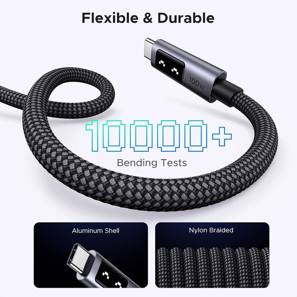 USB კაბელი UGREEN Uno L509 (35512), 100W, Type-C to Type-C, 2M, Black/Grey