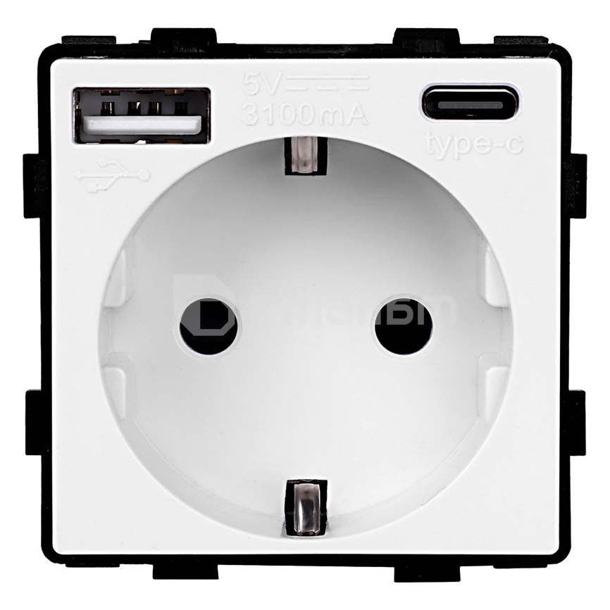 როზეტი ჩარჩოს გარეშე Socket Style 16A დამიწებით და შტორებით USB A C 3.1A 20W თეთრი