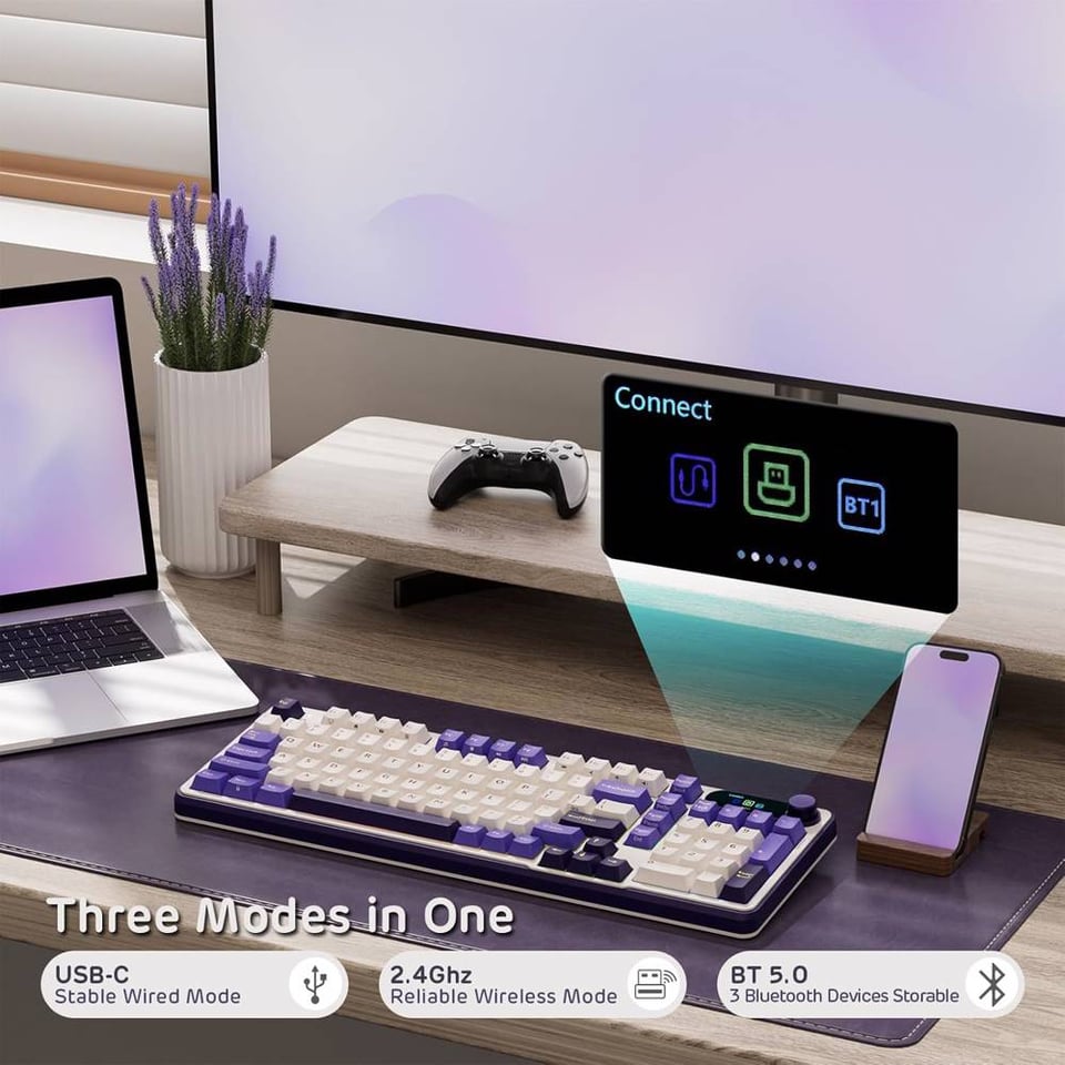 კლავიატურა Royal Kludge RK S98 RGB Mechanical Keyboard, Brown switch, Smart Display, Hot Swappable, Type-C wired, Bluetooth 5.0, 2.4GHz, Blackberry