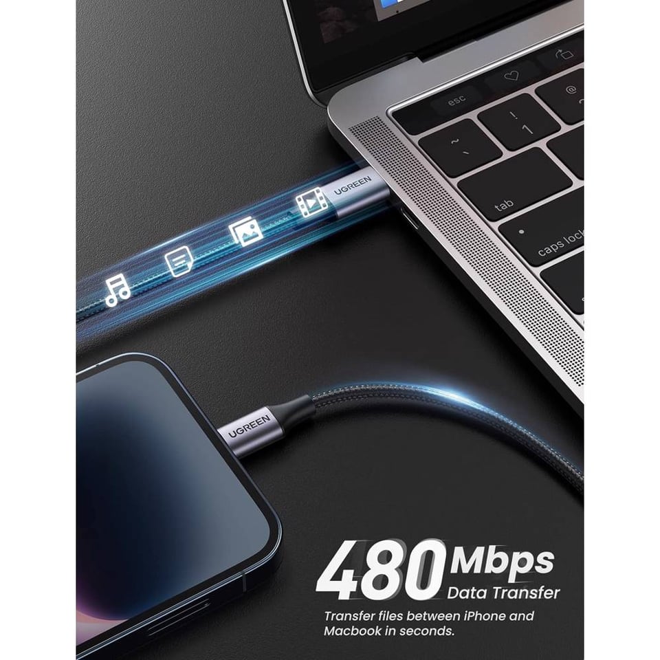 USB კაბელი UGREEN US304 (60761), MFi, Type-C To Lightning, 2m, Black/Gray