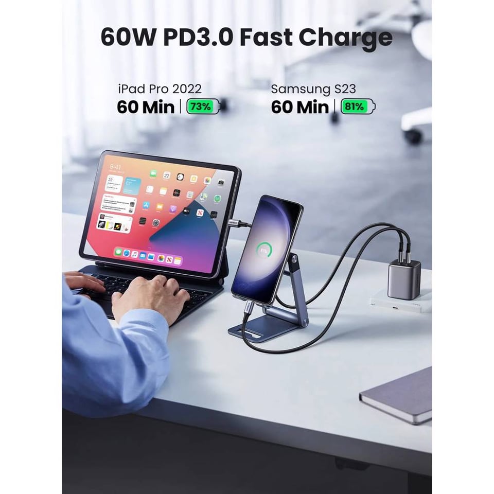 USB კაბელი UGREEN US261 (50149), 60W, Type-C To Type-C, 0.5m, Grey