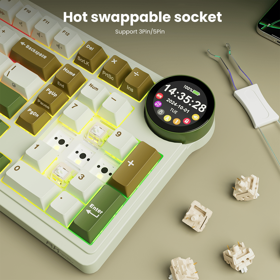 კლავიატურა Royal Kludge RK N99 RGB Mechanical Keyboard, Cream Switch, Hot Swappable, Wireless, USB, Bluetooth, 2.4GHz, Palm Green