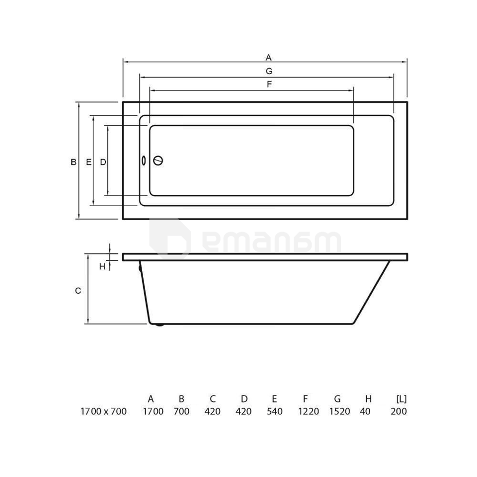 აბაზანა აკრილის Bonito Home Delia 170x70 სმ