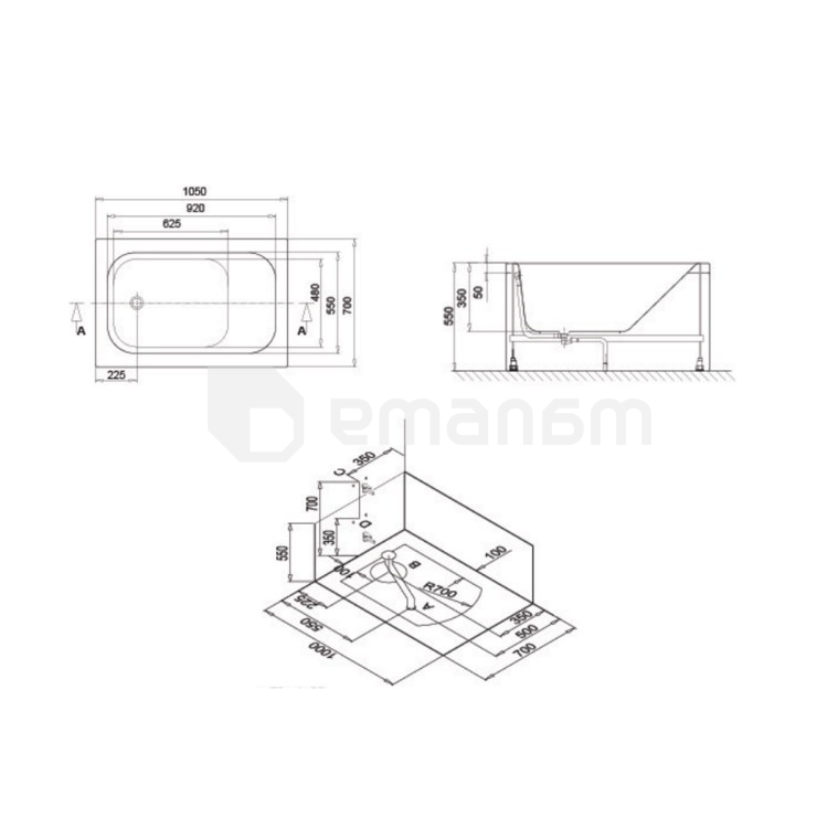 აბაზანა აკრილის SANICA Marea 105x70სმ B+L+FP+SP
