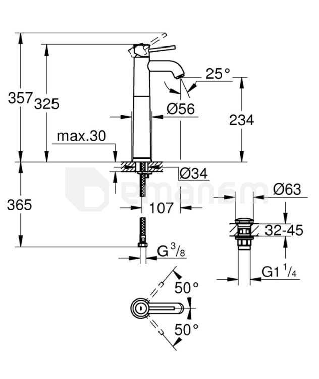ხელსაბნის ონკანი Grohe Start Classic OHM Vessel 23784000