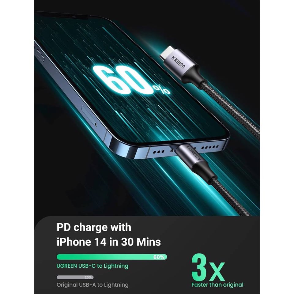 USB კაბელი UGREEN US304 (60761), MFi, Type-C To Lightning, 2m, Black/Gray