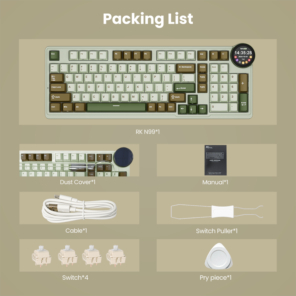 კლავიატურა Royal Kludge RK N99 RGB Mechanical Keyboard, Cream Switch, Hot Swappable, Wireless, USB, Bluetooth, 2.4GHz, Palm Green