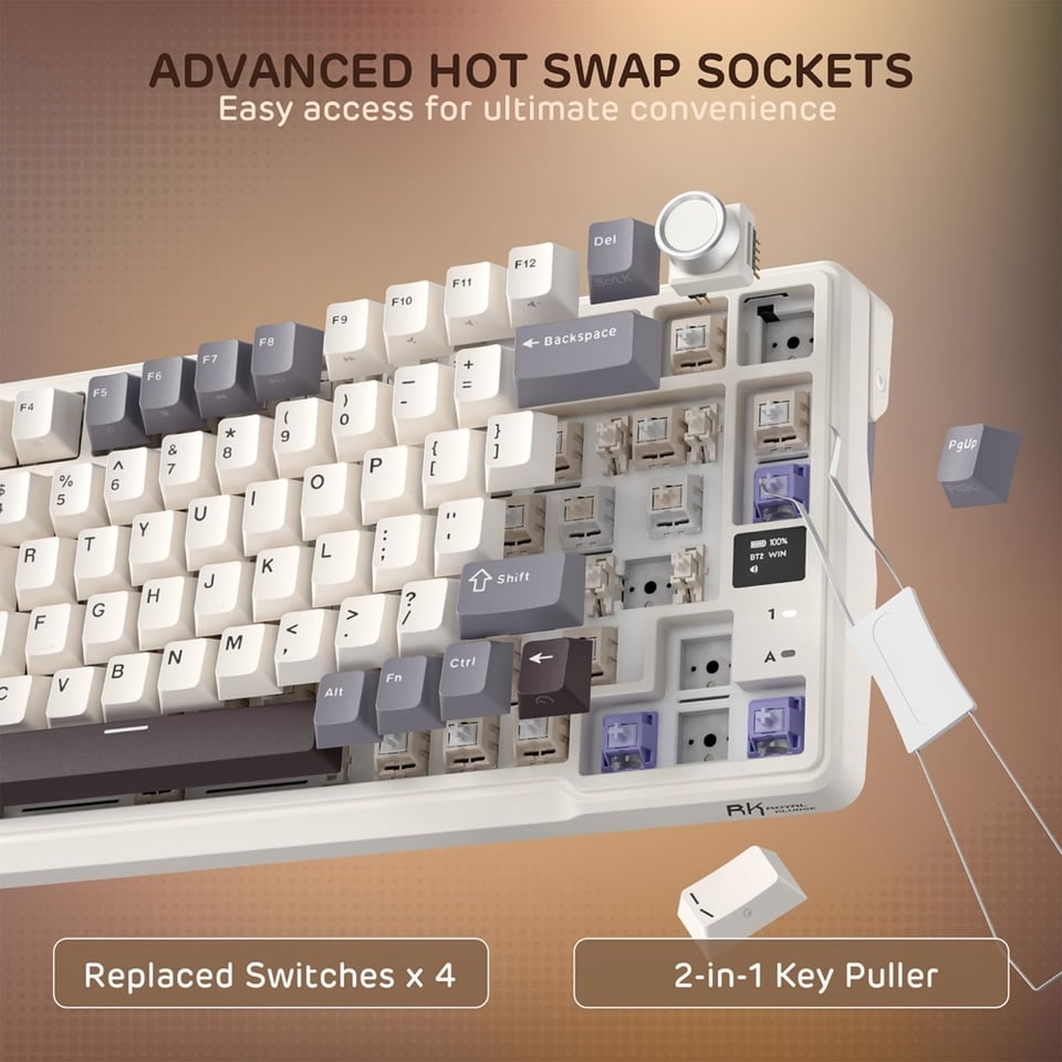 კლავიატურა Royal Kludge RK L98 RGB Mechanical Keyboard, Cream Switch, Hot Swappable, Wireless, Type-C, Bluetooth, 2.4GHz, Sandalwood Brown