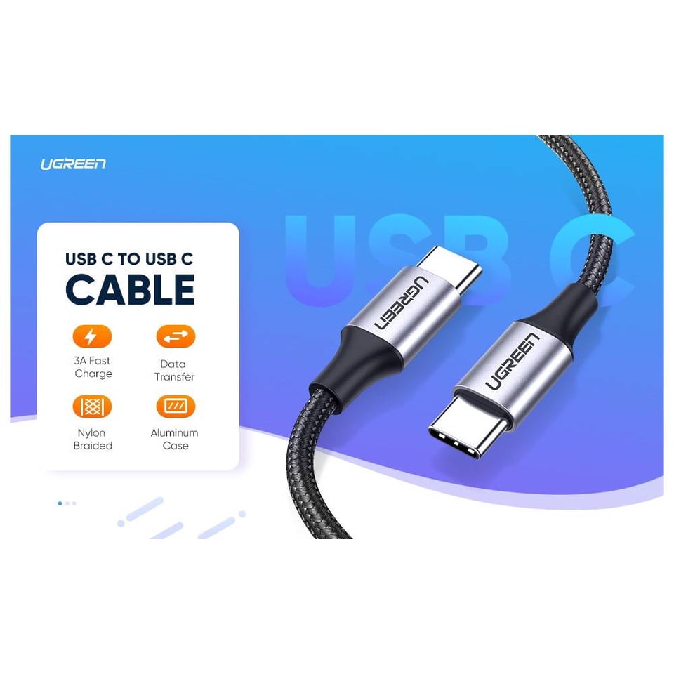 USB კაბელი UGREEN 50152 USB 2.0 C M/M Round Cable Nickel Plating Aluminum Shell 2m (Gray Black)