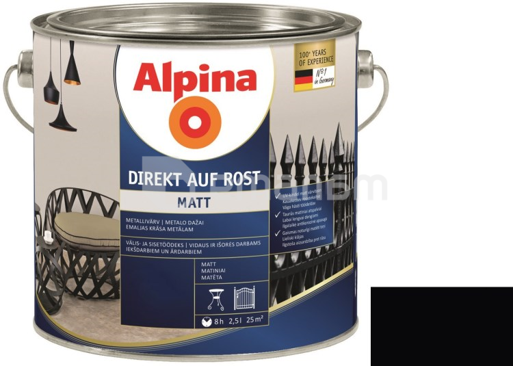ემალი ანტიკოროზიული Alpina Direkt Auf Rost Matt შავი 2.5 ლ