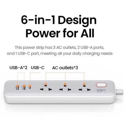 დენის გამანაწილებელი UGREEN CD286 (15143), 30W, 3 Socket, USB-A, Type-C, 1.5m, White