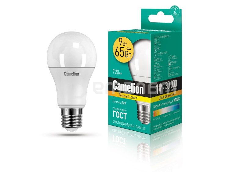 შუქდიოდური ნათურა Camelion 9W А60 Е27 3000K