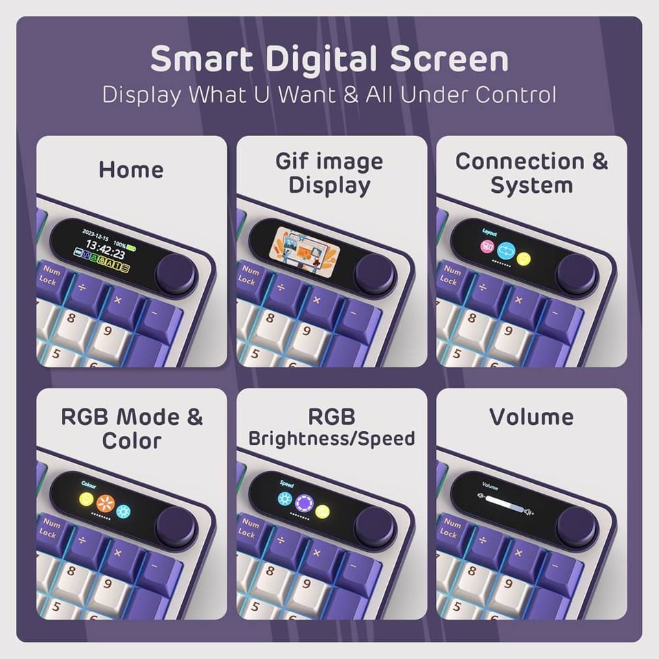 კლავიატურა Royal Kludge RK S98 RGB Mechanical Keyboard, Chartreuse switch, Smart Display, Hot Swappable, Type-C wired, Bluetooth 5.0, 2.4GHz, Blackber