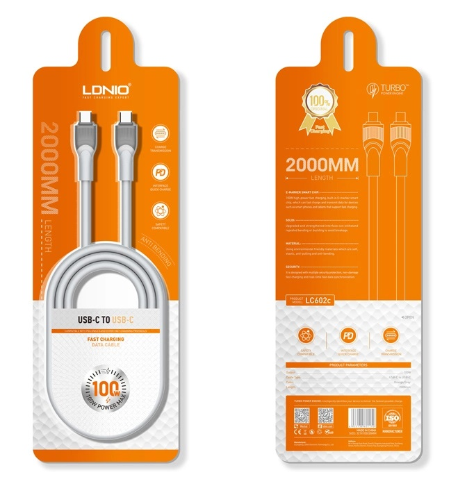 მობილურის სადენი LDNIO 100W LC602C Type-C to Type-C 2მ Fast Charger სტაფილოსფერი