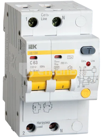 დიფერენციალური ავტომატი AD12M 2R S63 30mA IEK