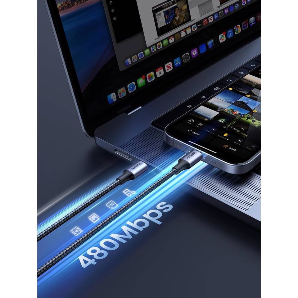 USB კაბელი UGREEN US261 (50150), 60W, Type-C To Type-C PD Fast Charging Cable 3A Max, 1M, Grey